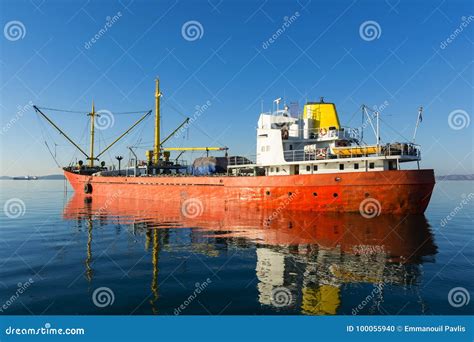 Old, Red Cargo Boat at the Sea Stock Photo - Image of athens, black ...