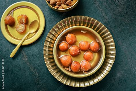 Gulab Jamun Gulaab Jamun Sugar Syrup Golden Bowl Indian Sweet Food