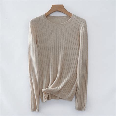 Women Autumn Winter Wide Ribbed Classic Round Neck Wool Cashmere