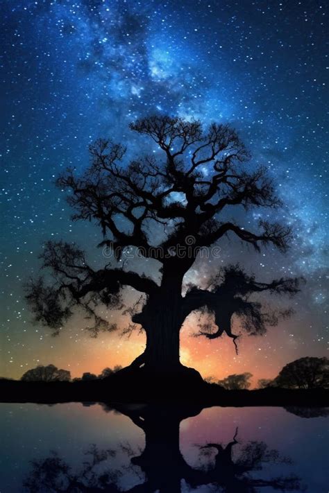 Ancient Oak Tree Silhouette Against Starry Night Sky Stock Illustration