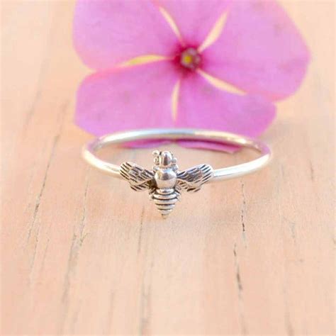 Honey Bee Ring Sterling Silver Minimalist Women Ring Band Silver Bee