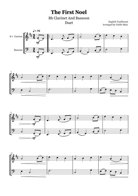 The First Noel Bb Clarinet And Bassoon Duet Arr Valdir Maia By English Traditional Sheet