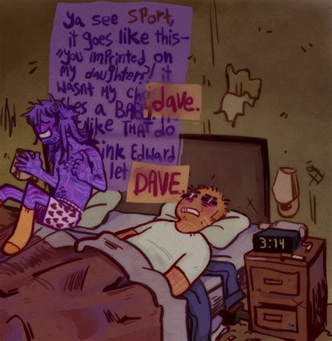 A Man Laying On Top Of A Bed Next To A Purple Sign That Reads I See