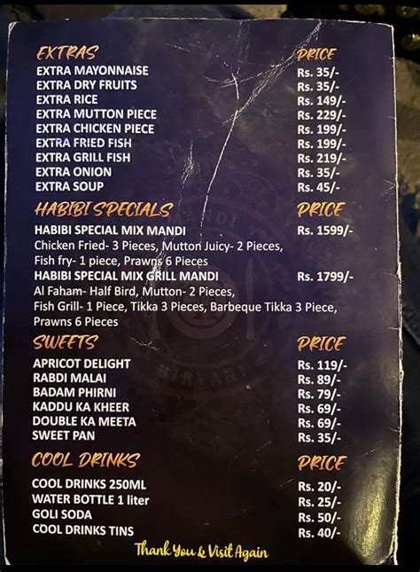 Menu At Habibi Mandi Restaurant Nallagandla Hyderabad