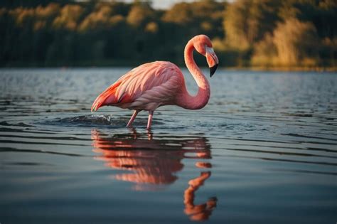 Premium Photo A One Pink Flamingo Bird On The Lake