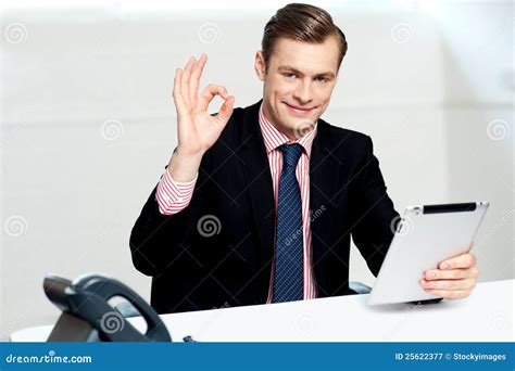 Smiling Corporate Male Showing Ok Sign Stock Image Image Of