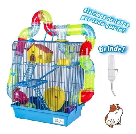 Gaiola Hamster 3 Andares Tubo Super Luxo Azul Bebedouro