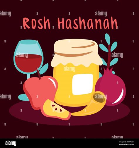 Happy Rosh Hashanah Celebration With Fruits And Wine Cup Vector Illustration Design Stock Vector