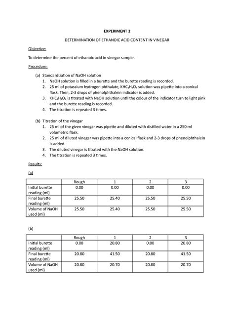 Determination Of Ethanoic Acid Content In Vinegar Experiment