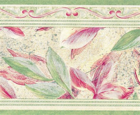 Prepasted Wallpaper Border - Floral Pink, Green, Beige Leaves, Scrolls ...