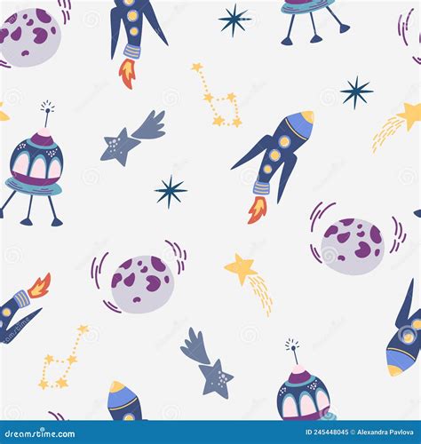 Space Seamless Pattern Background With Cartoon Space Rockets Planets