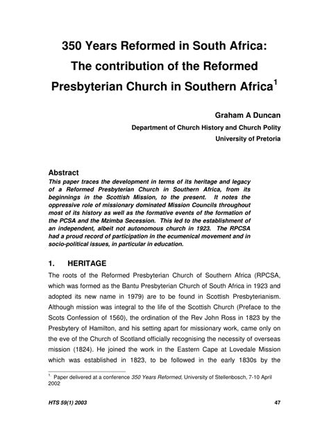 (PDF) 350 Years Reformed in South Africa: The contribution of the ...