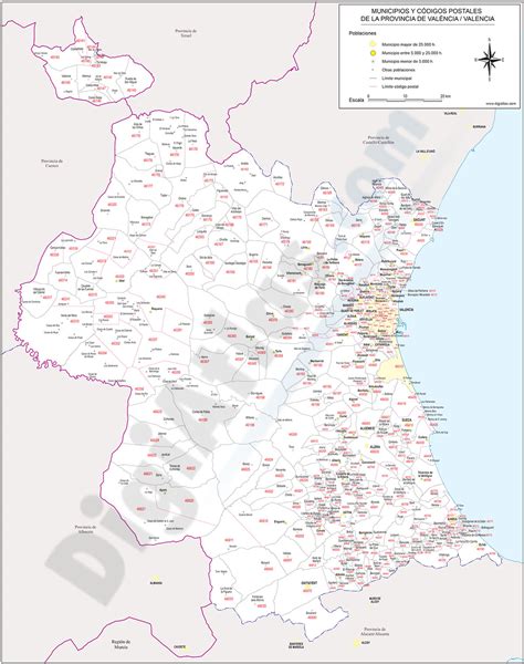 Valencia mapa provincial con municipios y códigos postales