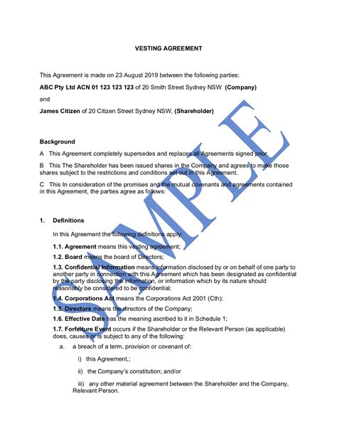 Share Vesting Agreement Free Template Sample Lawpath