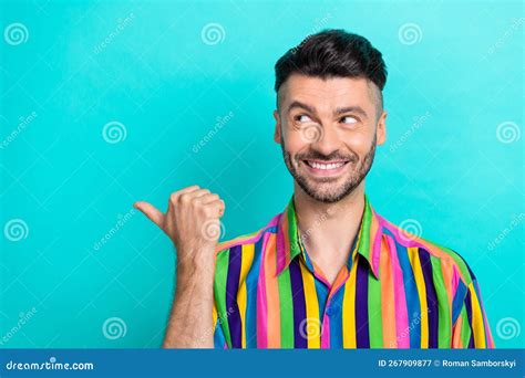 Photo Of Handsome Positive Funny Man Brunet Hair Dressed Striped Shirt Look Directing Empty