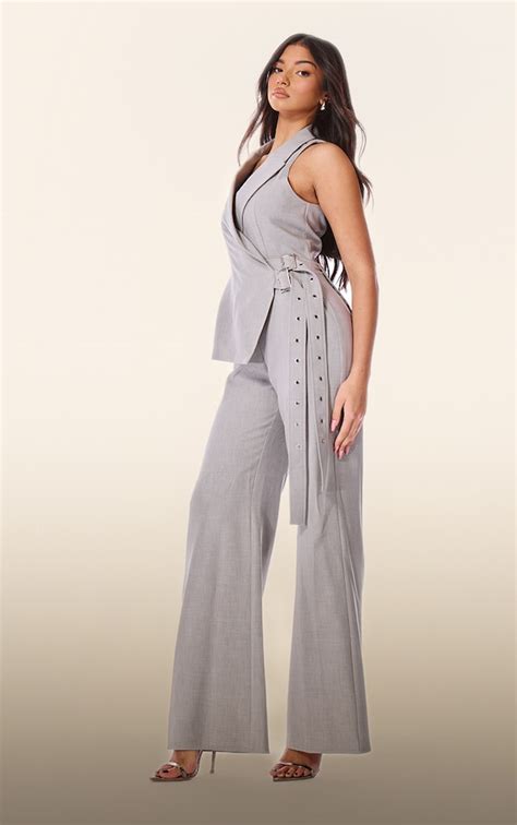 Plt Label Grey Tailored Vest Belt Detail Jumpsuit Jumpsuits And Rompers