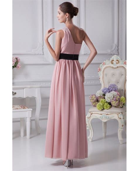 Simple Pink One Shoulder Beaded Strap Chiffon Bridesmaid Dress With