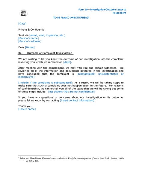 Form 19 Investigation Outcome Letter To Respondent To Be Placed On Letterhead Form 19 ñ