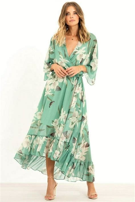 Yumi Floral Print Kimono Mint Midi Wrap Dress