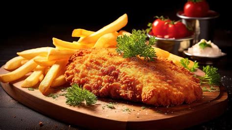 Fried Wiener Schnitzel From Veal Topside With French Fries Generative