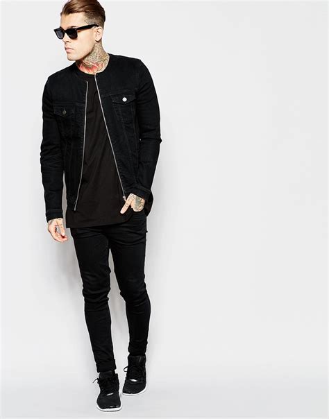 Lyst Asos Collarless Denim Jacket In Black For Men