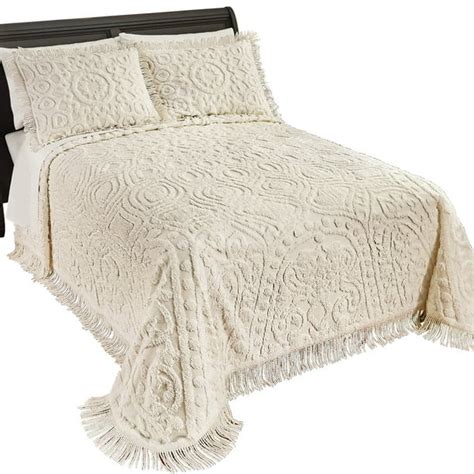 Medallion Modern Cotton Chenille Bedspread With Fringe Twin Cream