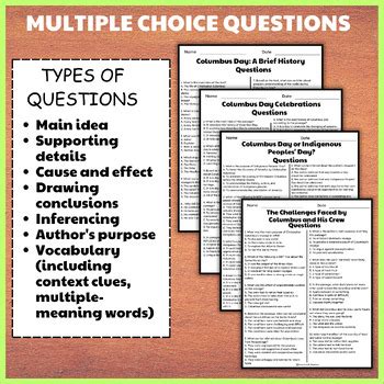 Columbus Day Reading Comprehension Passages Multiple Choice Questions