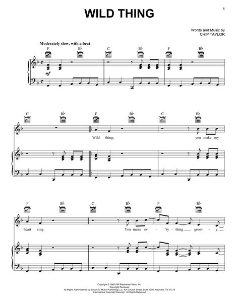 Wild Thing By The Troggs Sheet Music For Piano Vocal And Guitar Chords Right Hand Melody At