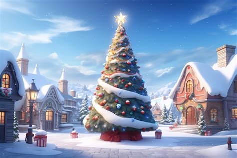 Premium Ai Image Christmas Tree In A Snowy Scene With A Star On The Top