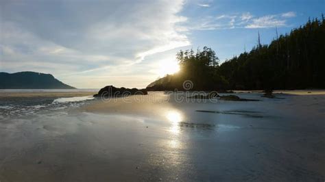 Sandy Beach On Pacific Ocean Coast Panoramic View Sunset Sky San