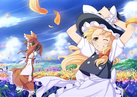 2girls Blonde Hair Bow Clouds Dress Flowers Hakurei Reimu Hat Japanese