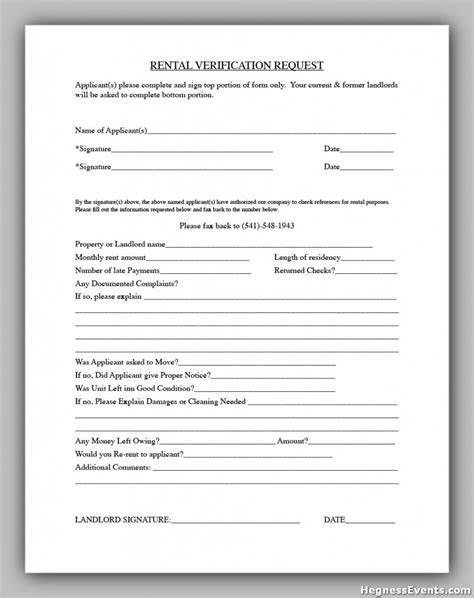 Useful Rental Verification Forms Template Sample Hennessy Events