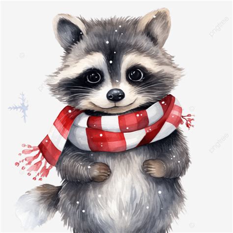 Watercolor Illustration Of Cute Winter Christmas Raccoon With Scarf