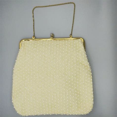 Vintage Bags Vintage Lumured Corde Bead Cream Evening Bag Gold Tone