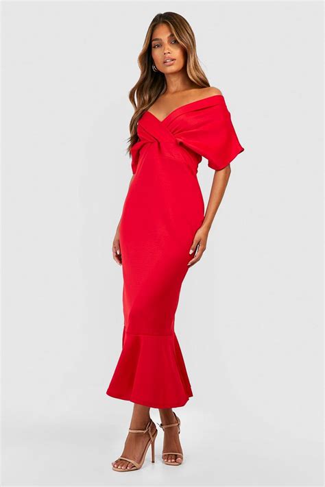 Scuba Off Shoulder Peplum Midaxi Dress Boohoo Uk