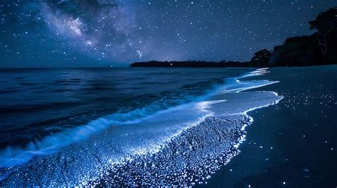 Foto Na Praia A Noite - Paisagem de praia noturna incrível com plâncton brilhante nas ondas e ...