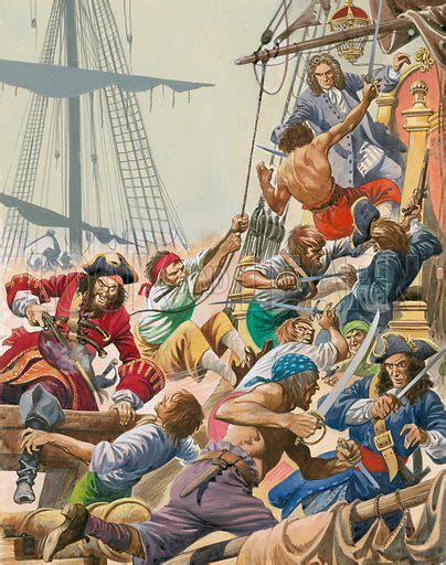 Blackbeard and his pirates boarding a ship, 1716–1718 stock image ...