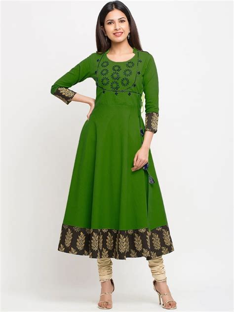 Buy KALINI Round Neck Embellished Sequins Work Cotton Slub Anarkali