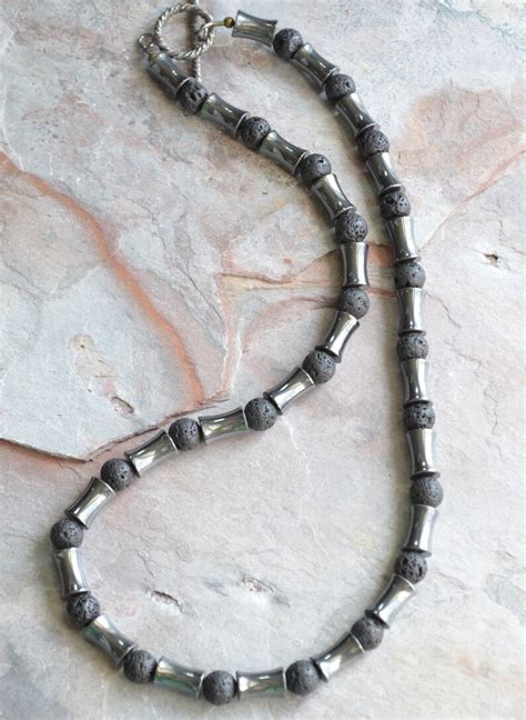 Mens Beaded Necklace Hematite Lava Rock Necklace Men Surfer Etsy