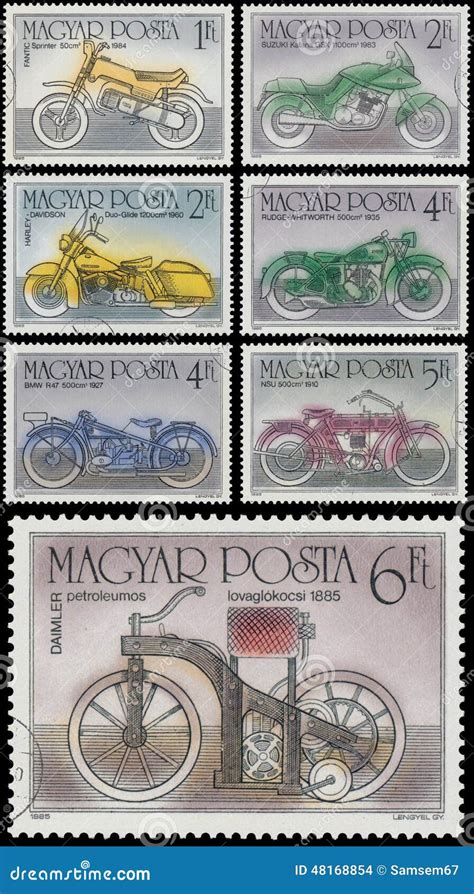 Set Of Stamps Printed In Hungary Shows Motorcycles Editorial Stock