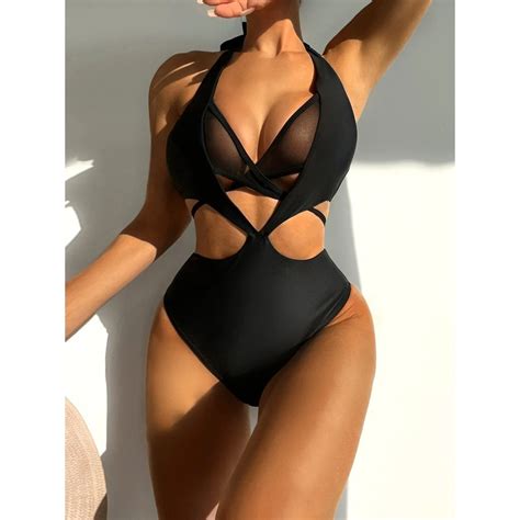 Jual Preorder Sexy Hollow Out One Piece Swimsuit 2024 Women Black Blue