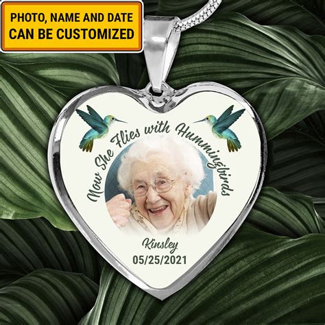 Custom Photo Now She Flies With Hummingbirds Memorial Heart Pendant