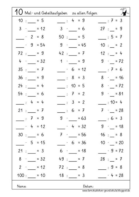 Lernstübchen Kopfrechenblätter zum Einmaleins mal und geteilt aller
