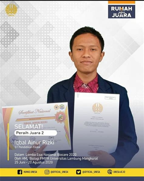 Jurusan Fisika FMIPA Unesa Iqbal Ainur Rizki Juara 2 Lomba Essai