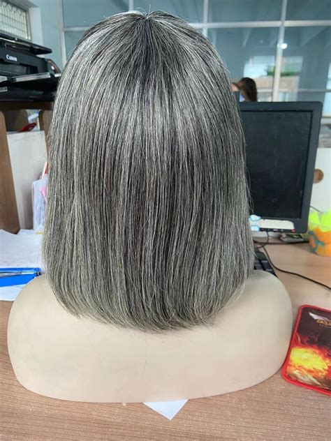 Silver Gray Short Bob Wig With Bangs Straight Salt N Pepper Human Hair