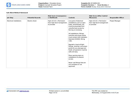 Example Safe Work Method Statement Use Or Copy This Example Swms