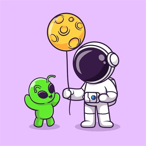 Premium Vector Cute Astronaut Holding Moon Balloon With Baby Alien