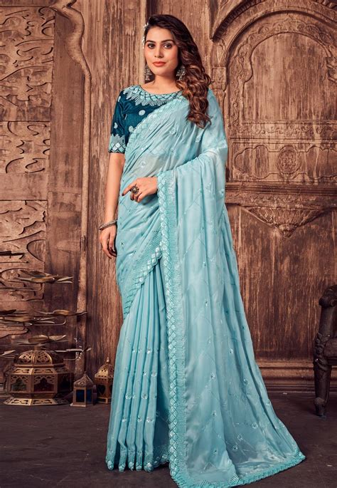 Satin Silk Saree With Blouse In Sky Blue Colour 6561