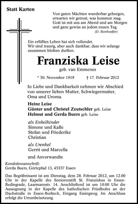 Traueranzeigen Von Franziska Leise Trauer In Nrw De