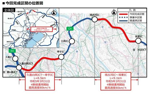 首都圏中央連絡自動車道4車線化（久喜白岡jct～大栄jct）の一部が令和5年3月31日に完成します Nexco東日本のプレスリリース